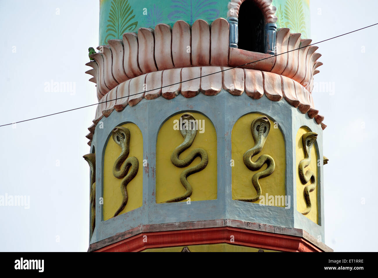 Sculture in rilievo del cobra serpenti sulla torre di scuotimento jagdamba tempio rashin karjat ahmednagar Maharashtra India Asia Foto Stock