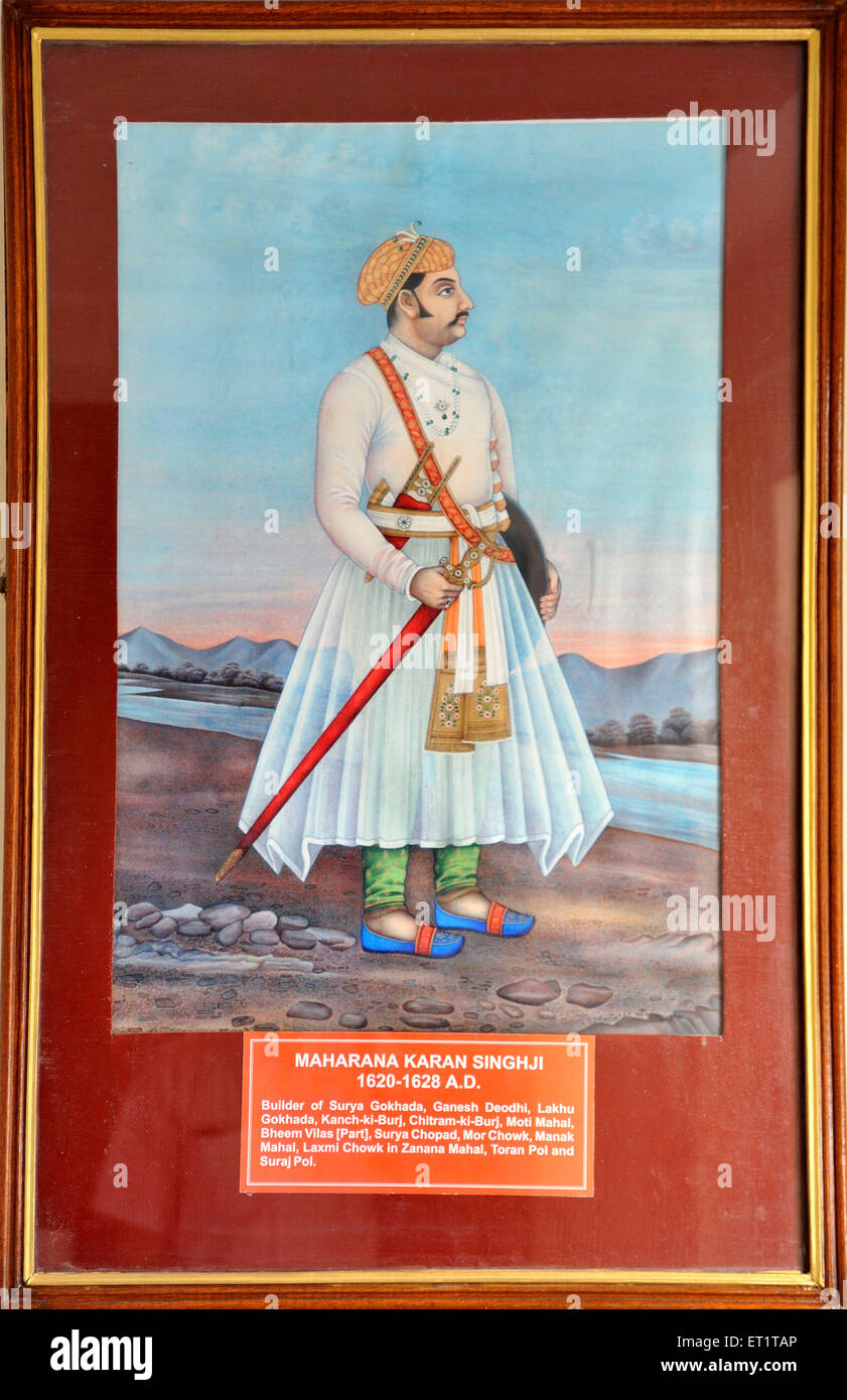 La pittura in miniatura di maharana karan Singh Ji in Udaipur in Rajasthan Indian Asia Foto Stock