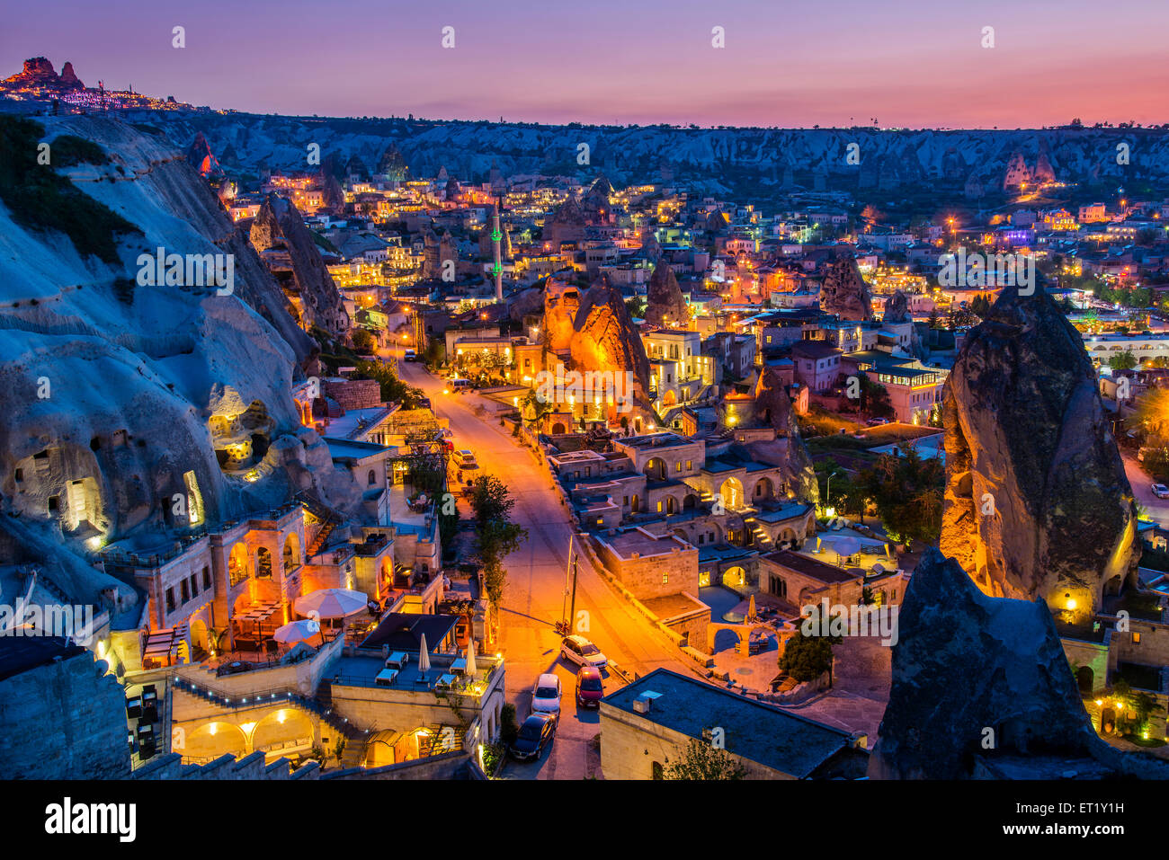 Vista tramonto su Goreme, Cappadocia, Turchia Foto Stock