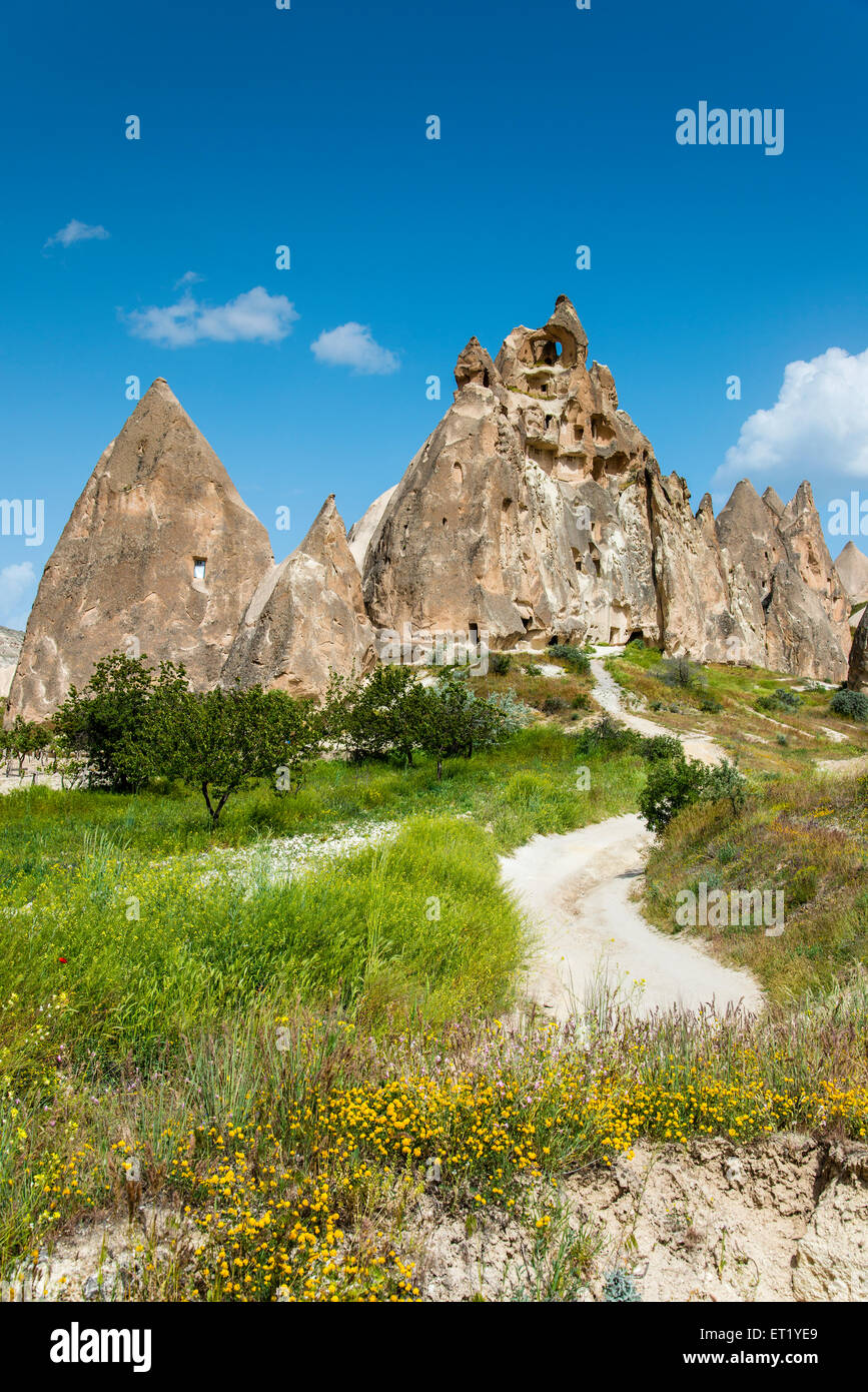 Paesaggio panoramico vista in primavera nei pressi di Goreme, Cappadocia, Turchia Foto Stock