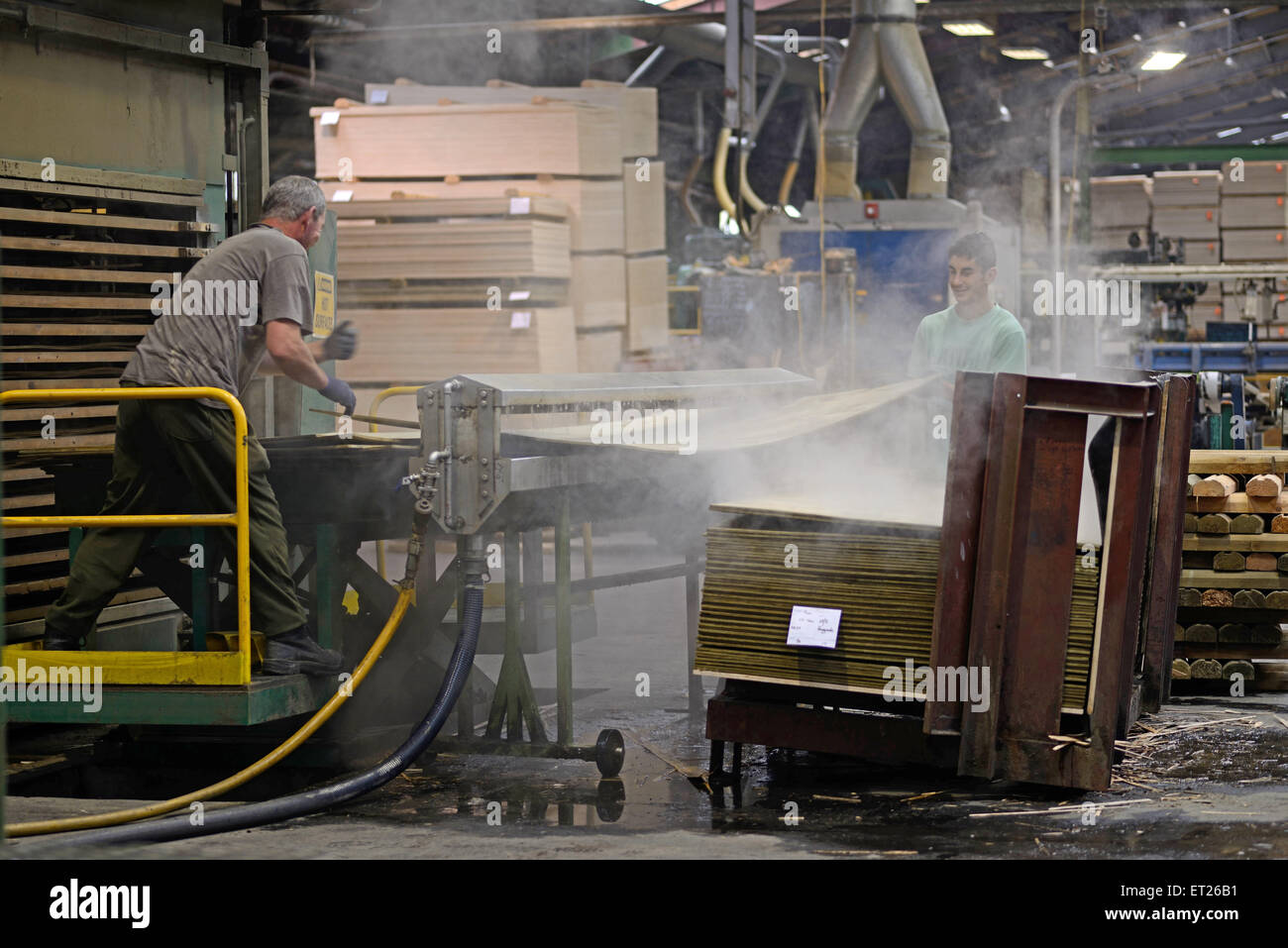 Greymouth, Nuova Zelanda, 22 maggio 2015 : lavoratori pila appena fatti fogli non tagliata di legno compensato Foto Stock