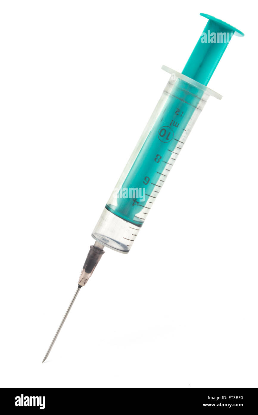 Sporco usato siringa di vetro isolato su bianco Foto Stock