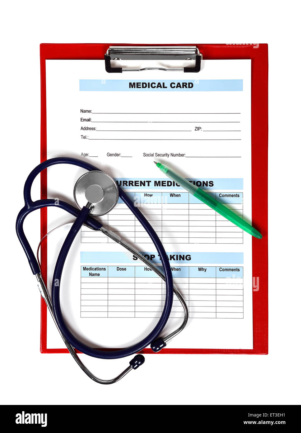 Scheda medico con stetoscopio e penna su Appunti Foto Stock