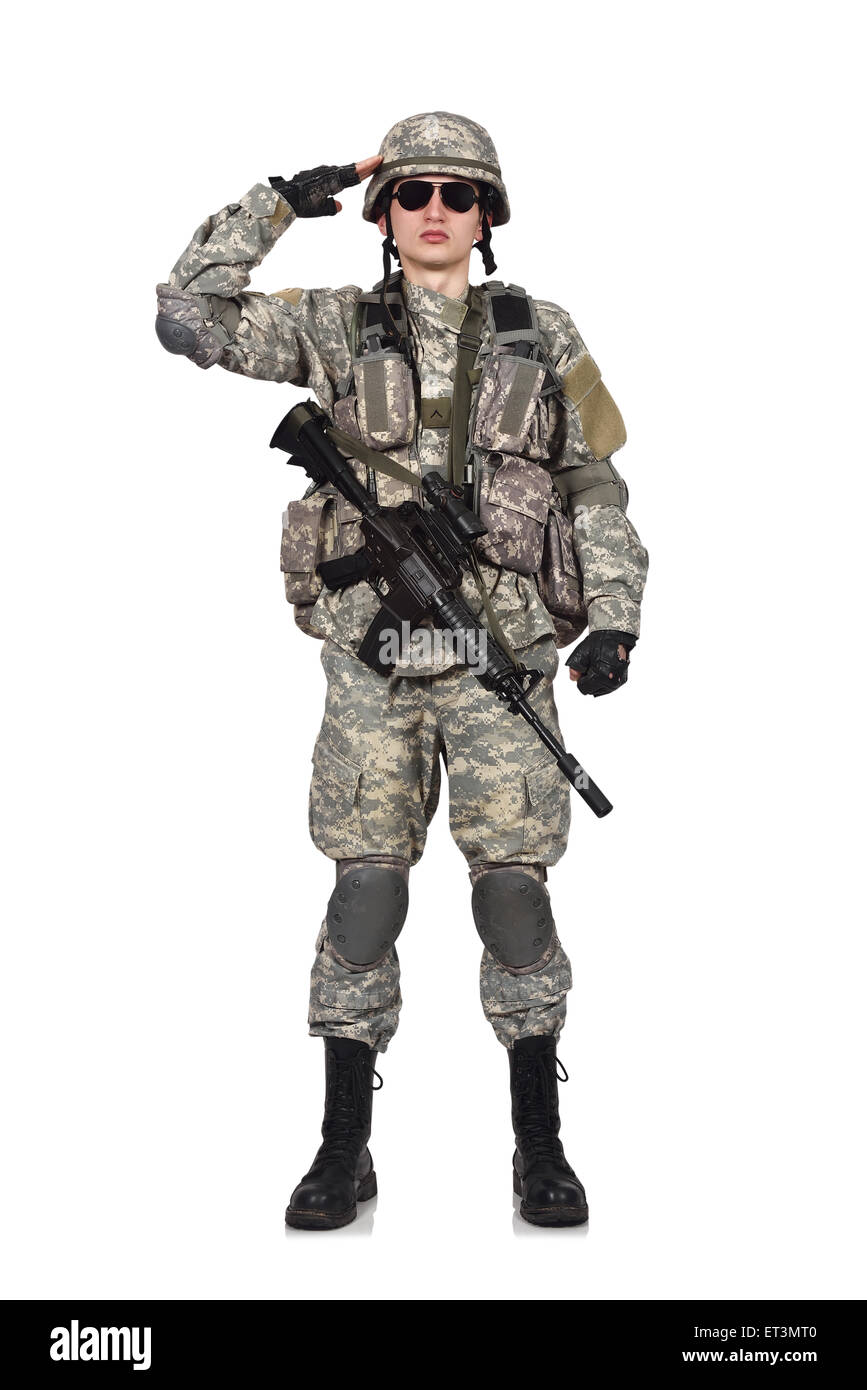 Noi soldato con il suo fucile da assalto su sfondo bianco Foto Stock