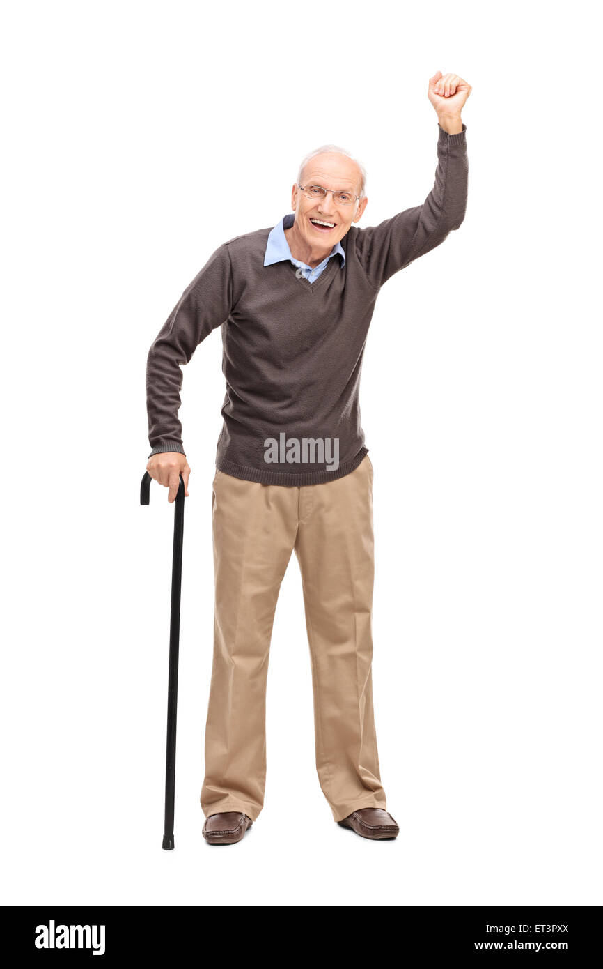 A piena lunghezza Ritratto di un gioioso alti gesti con le mani in aria isolata su sfondo bianco Foto Stock