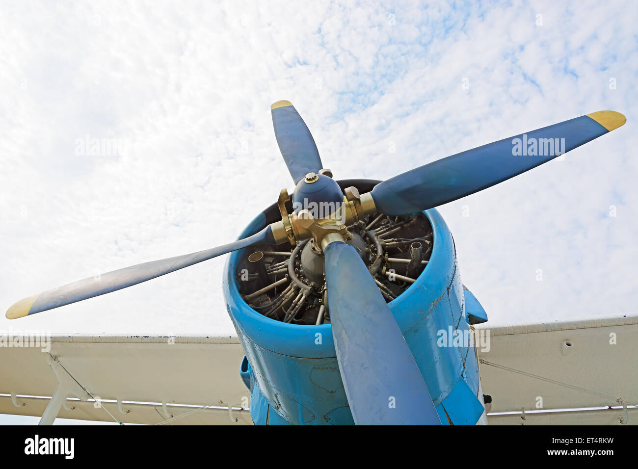 Il motore e l'elica piano un2 close-up su uno sfondo di cielo blu e nuvole. L'immagine in corrispondenza del punto più basso. Foto Stock