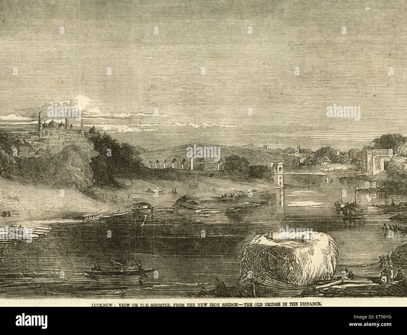 Fiume Goomtee, fiume Gomati, fiume Gomti, fiume Gumti, fiume Gomati, Dal nuovo ponte di ferro, Lucknow, Uttar Pradesh, India, vecchia incisione d'epoca del 1800 Foto Stock