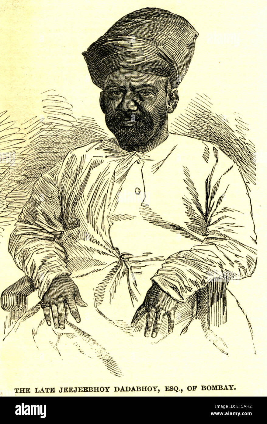 Seth Jeejeebhoy Dadabhoy, filantropo religioso caritativo, Bombay, Mumbai, Maharashtra, India, incisione del 1800 d'epoca Foto Stock