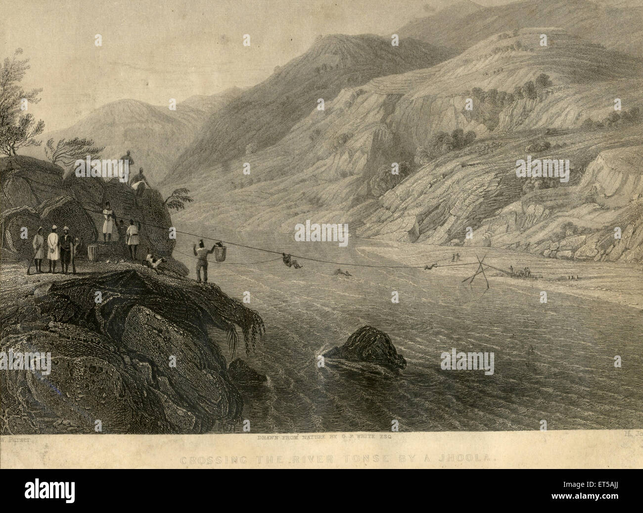 Litografie che attraversano il fiume Tonse di Jhoola ; India ; incisione del 1800 d'epoca Foto Stock