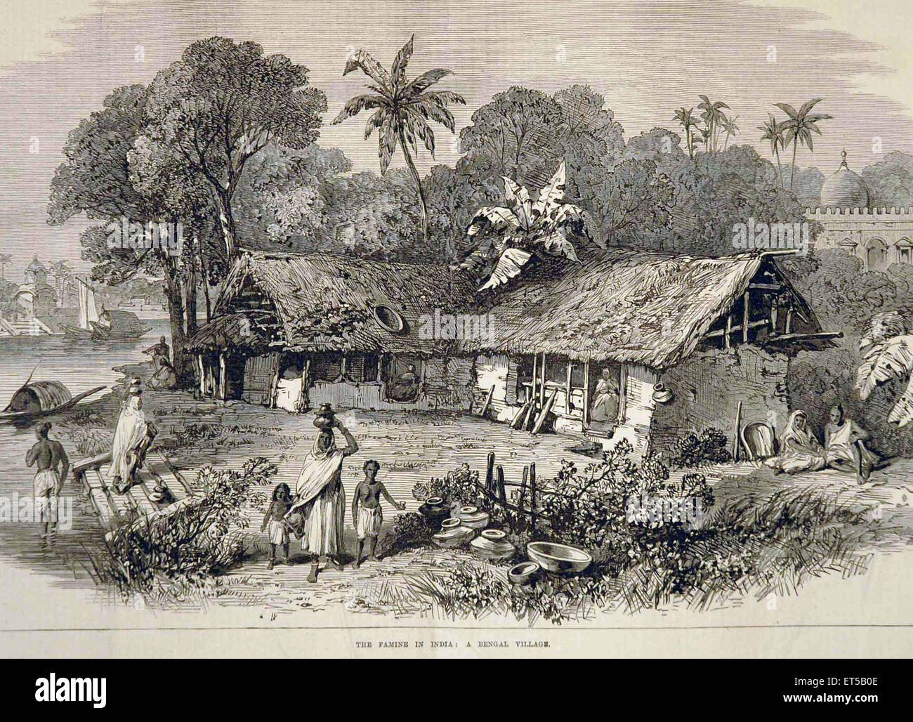Litografie carestia in India Bengala Village ; Bengala Occidentale ; India ; incisione del 1800 Foto Stock