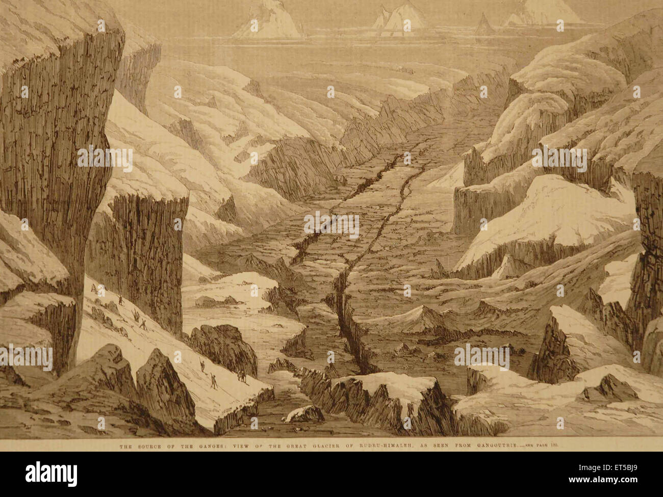 Sorgente del Gange Ganga, Vista del Ghiacciaio, Gangotri ; Uttarkashi ; Uttaranchal ; Uttarakhand ; India ; incisione del 1800 d'epoca Foto Stock