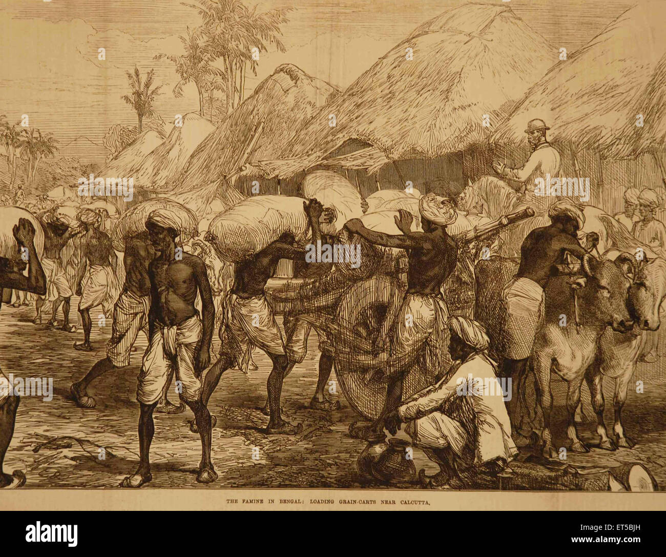 Litografie carestia nel Bengala caricamento di un carrello per granella vicino a Calcutta ; Bengala Occidentale ; India Foto Stock