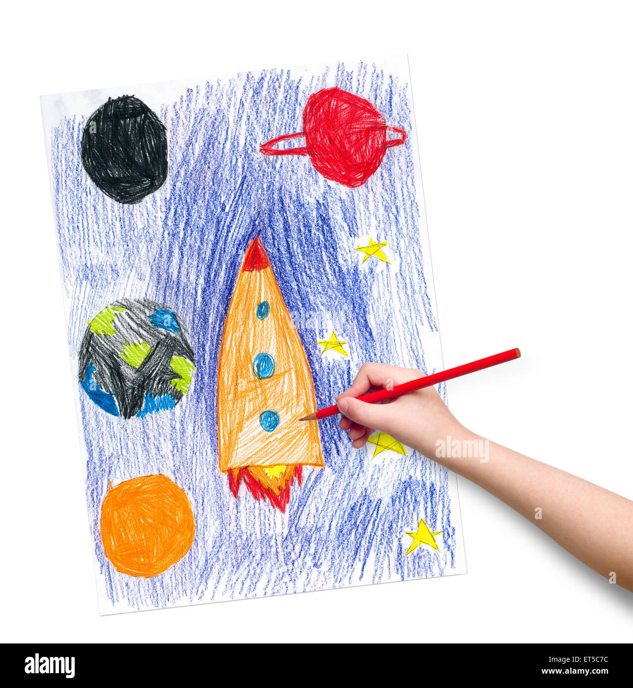 La nave spaziale. bambini disegno mano con matita colorata. Foto Stock
