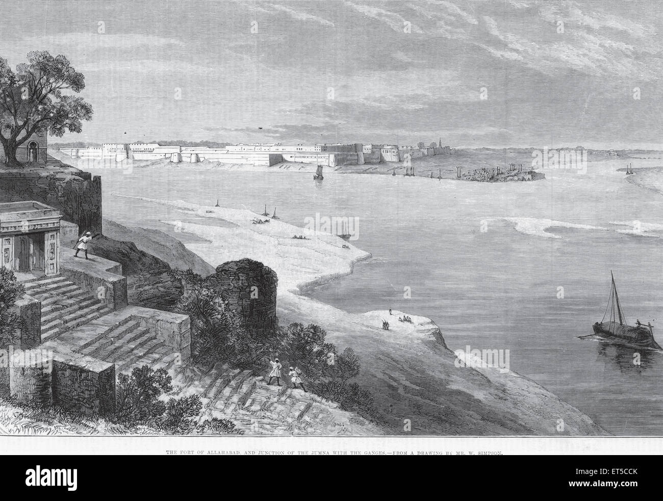 Forte di Allahabad, Jamuna e Gange fiume confluenza Ganga ; Prayagraj, Uttar Pradesh ; India ; incisione d'epoca 1800 Foto Stock