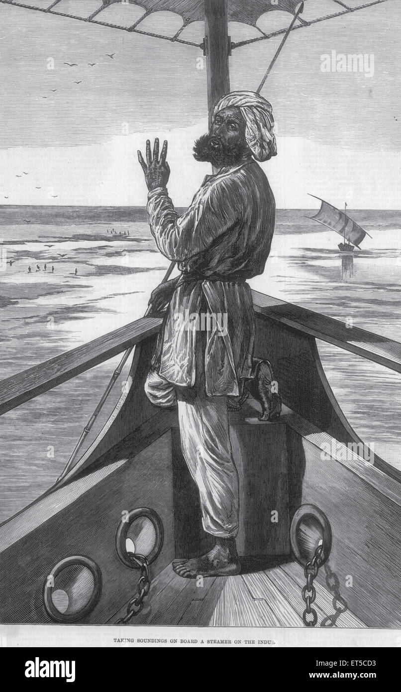 Viste generali prendendo punti di scandaglio a bordo di battello sul Indus Foto Stock