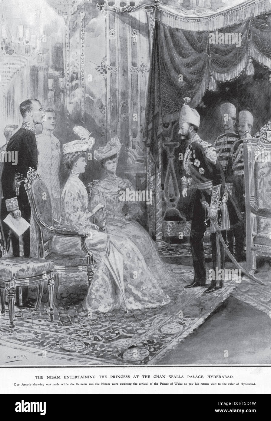 Regalità in tour, Principessa del Galles, Nizam di Hyderabad, Principessa di intrattenimento Nizam, Palazzo Chan Walla, Hyderabad, Andhra Pradesh, India, annata 1900 Foto Stock