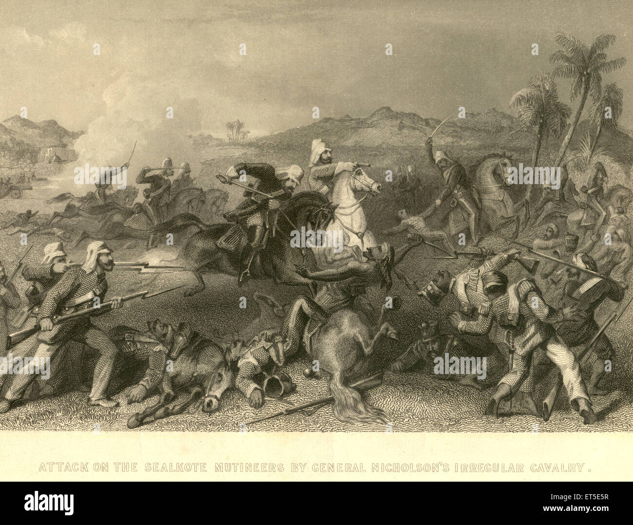 Militari e tire viste ammutinamento di attacco su Sealkote ribelli del generale Nicholson della cavalleria irregolare ; India Foto Stock