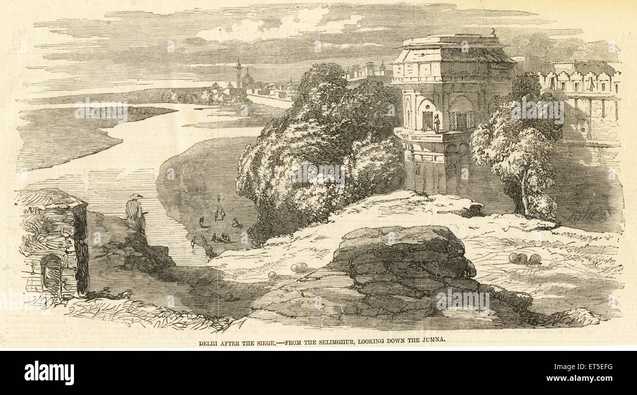 Forte di Salim, forte di Salims, Forte di Salimgarh, fiume Yamuna, Delhi, India ; ribellione indiana, Mutiny views, Sepoy Mutiny, vecchio quadro vintage del 1900 Foto Stock