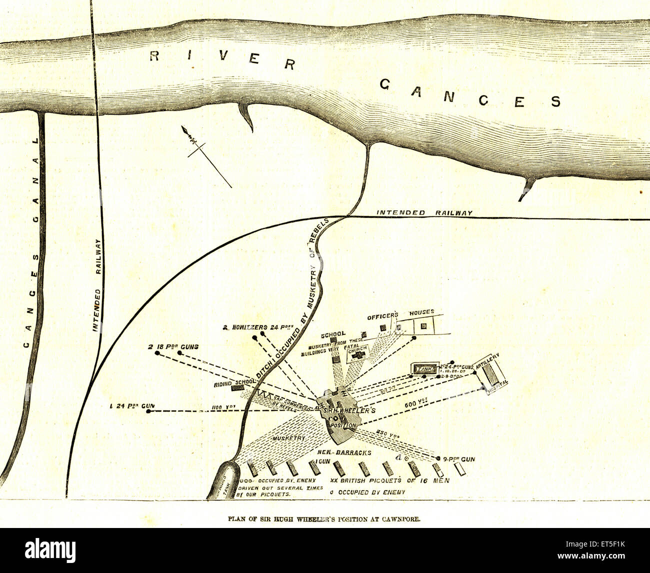 Militari e tire mutiny viste mappa piano di Sir Hugh Wheeler la posizione di Chwnpore ; ; Kanpur Uttar Pradesh ; India Foto Stock