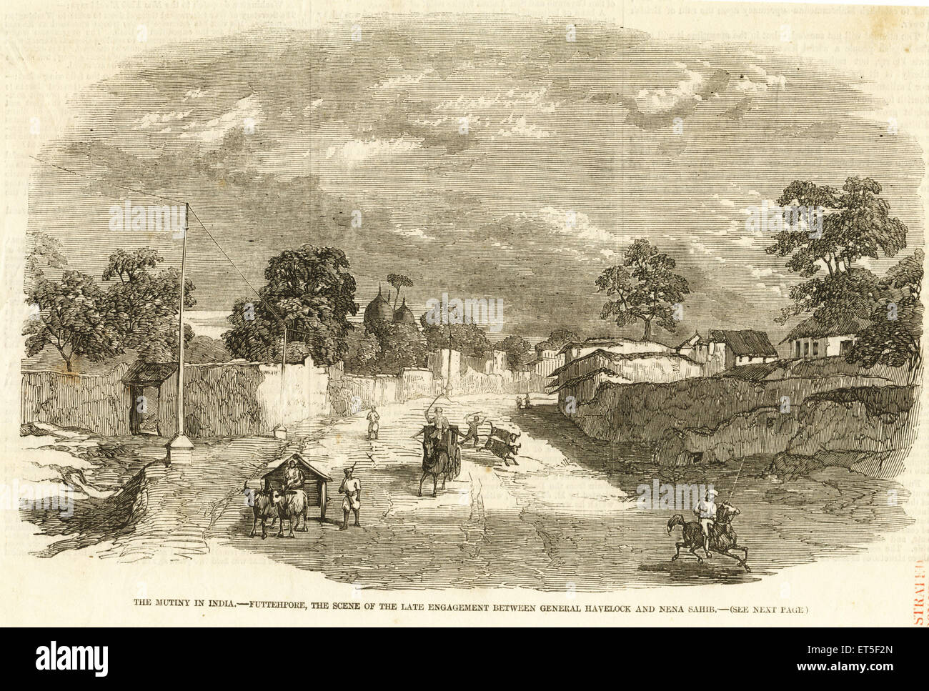 Peshawur o a Peshawar mutiny Futtehpore o Fatehpur impegno di scena tra il generale Havelock Nena Sahib ; Uttar Pradesh Foto Stock
