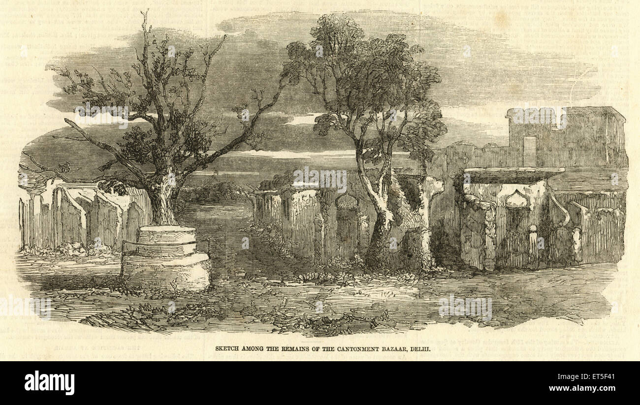 Cantonment Bazaar resti, Sadar Bazar, Delhi, India, ribellione indiana, Mutiny views, Sepoy Mutiny, 1857, foto d'epoca del 1800 Foto Stock