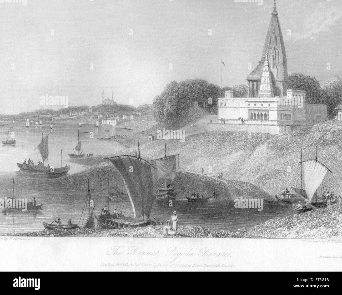 Tempio indù, Ganga fiume Ganges, Banaras, Benares, Varanasi, Utttar Pradesh, India, Asia, Asia, India, incisione in acciaio del 1800 d'epoca Foto Stock