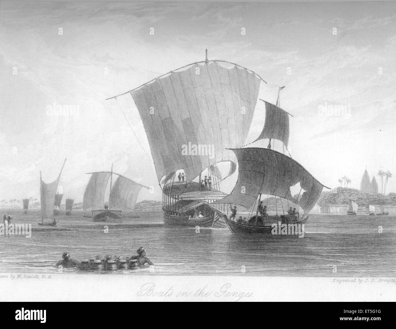 Barche sul fiume Gange Ganga, Uttar Pradesh, India, Asia, asiatico, Indian, vecchia incisione d'acciaio del 1800 Foto Stock