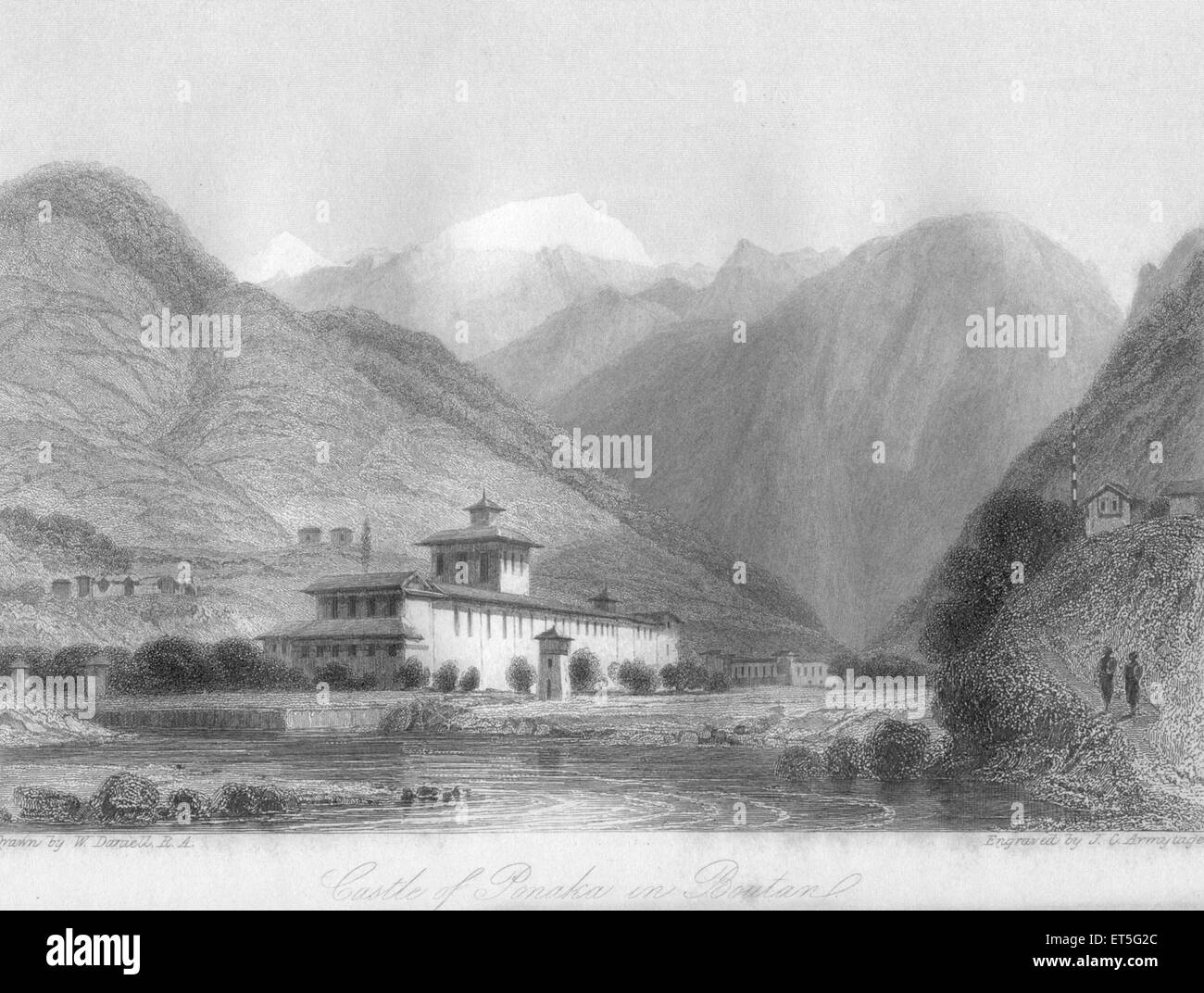 Punakha, Dzong, Palazzo, Forte, fiume Pho, Fiume MO Chhu, valle, Himalaya, Boutan, Bhutan, Asia, Asia, vecchia annata 1800s acciaio incisione Foto Stock