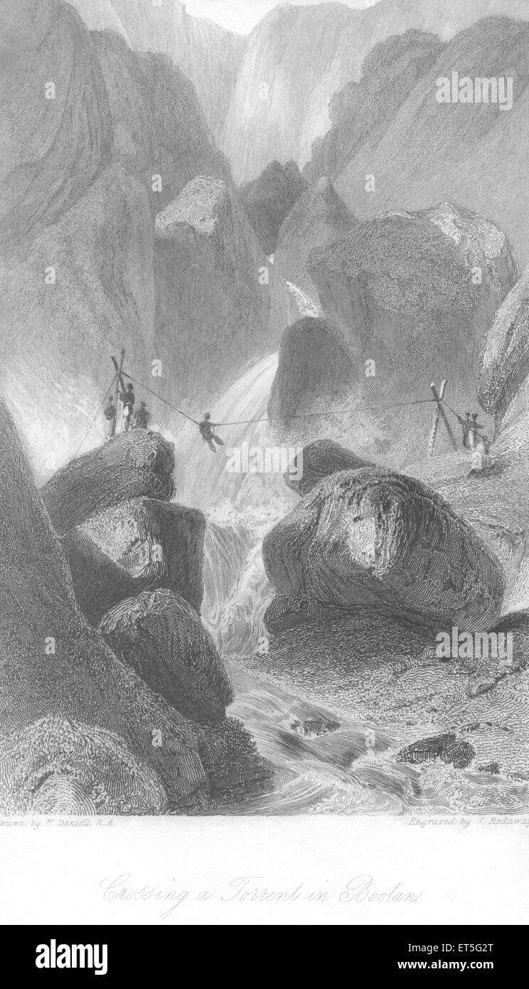 Attraversamento del fiume, ponte sospeso, Bootan, Bhutan, Asia, Asiatico, vecchia incisione d'acciaio del 1800 Foto Stock
