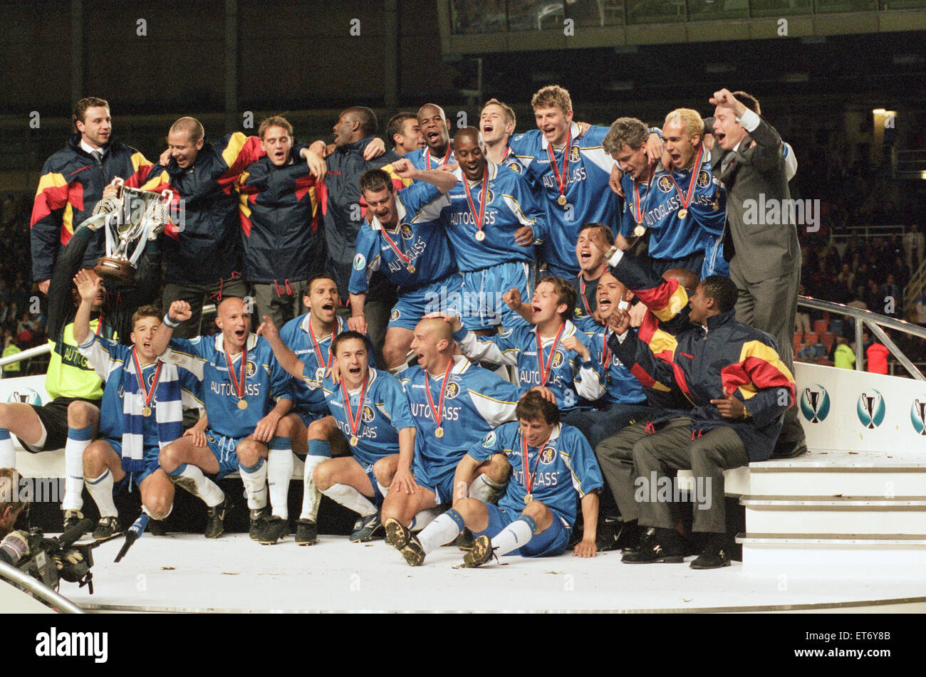 Coppa delle Coppe finale di Chelsea v Stuttgart, tenutasi al Råsunda Stadium. Chelsea ha vinto la partita 1-0, grazie a Gianfranco ZOLA obiettivo. 13 maggio 1998. Foto Stock