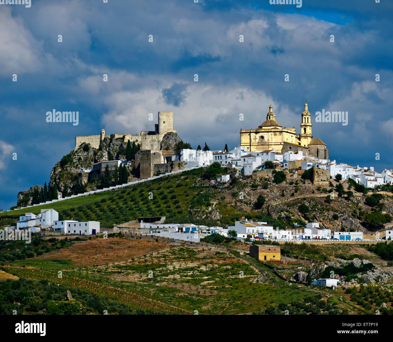 Città Bianca, pueblo blanco, con la chiesa de la Encarnación e castello moresco rovine, Olvera, provincia di Cádiz, Andalucía Foto Stock