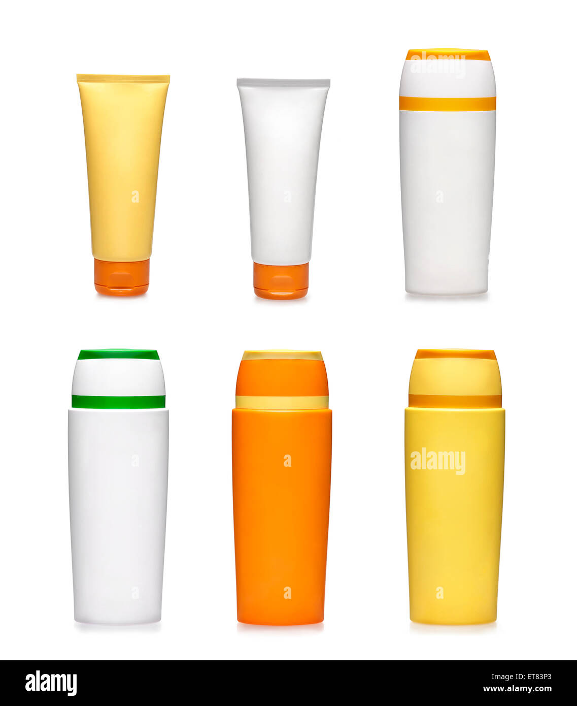 Sei contenitori generici. Prodotti di bellezza. Sunscreen bottiglie su sfondo bianco Foto Stock