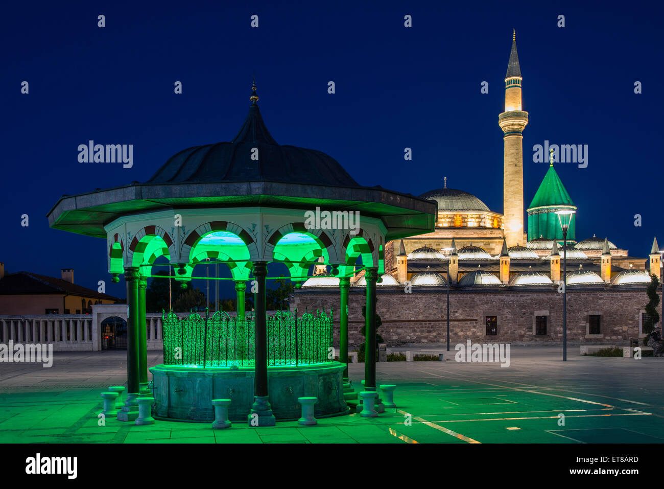 Vista notturna di Mevlana Museum, Konya, Turchia Foto Stock