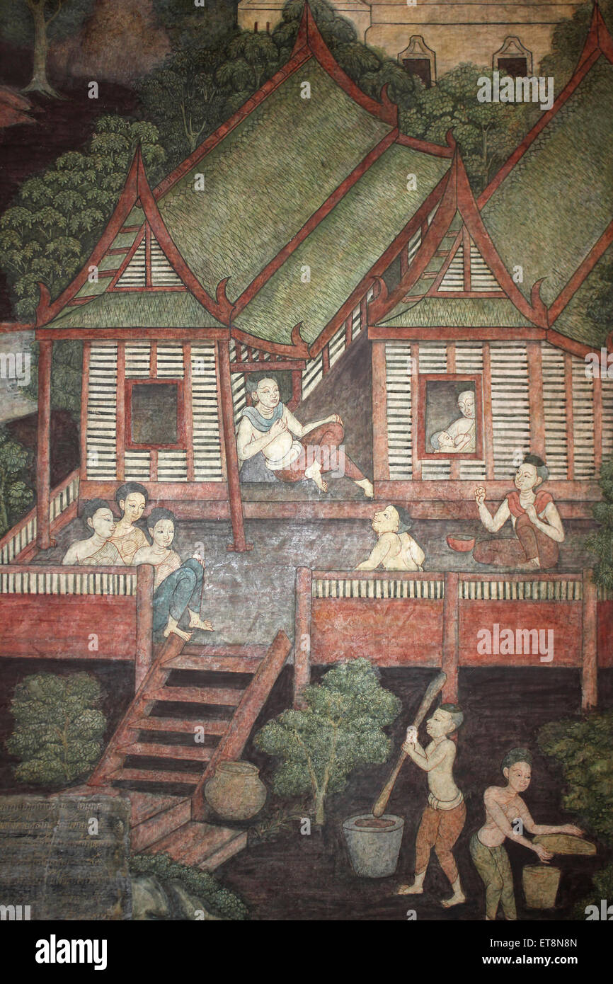 Murale con casa tradizionale thailandese in Wat Pho tempio, Thailandia Foto Stock