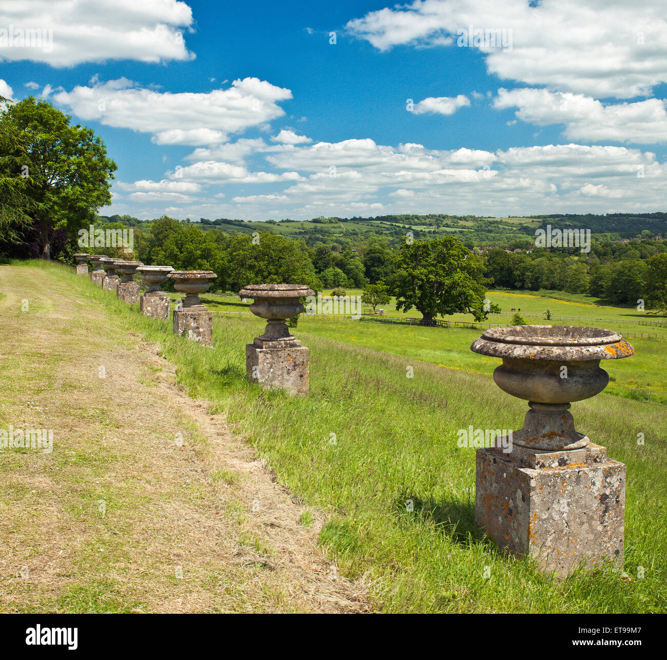 Fila di pietra ornamentale vasi, Gatton Park, Reigate, Surrey. Foto Stock