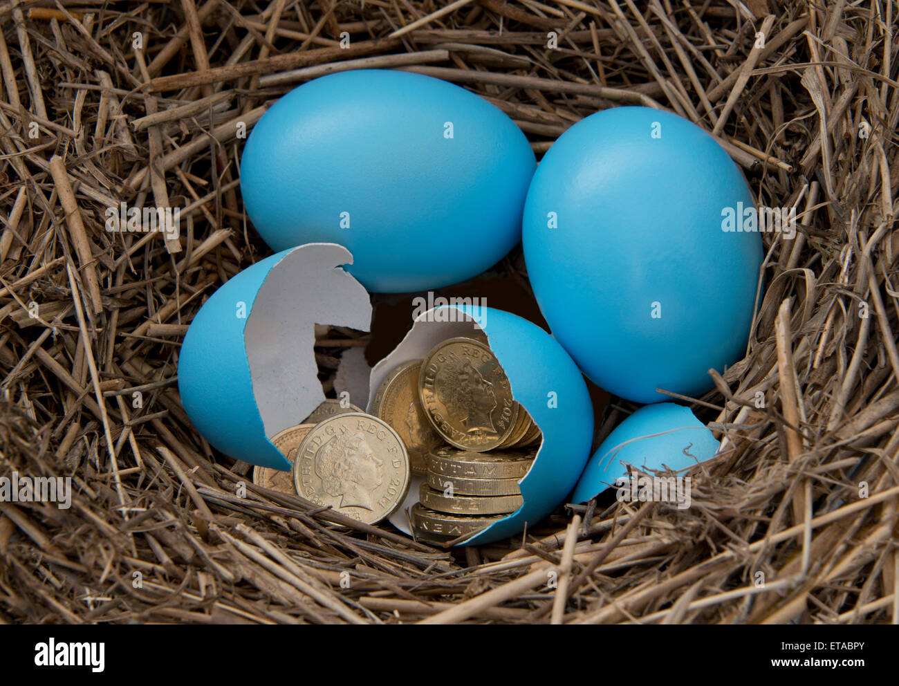 Uovo di nido,blu le uova in un nido con British pound monete.cova un Regno Unito denaro economia finanza stash bilancio patrimoniale capitale 'nido uovo' Foto Stock