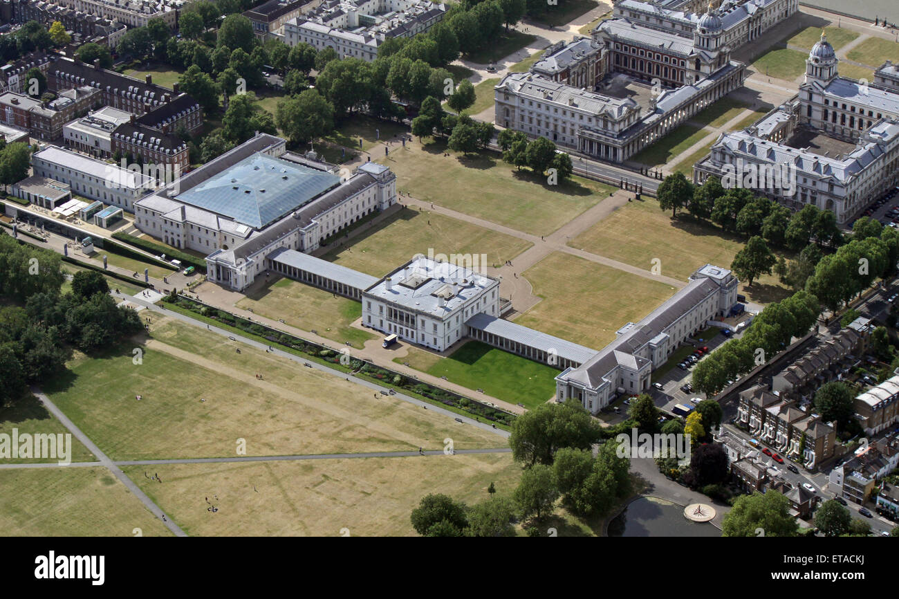 Vista aerea dell'Università di Greenwich, Queens House, Royal Naval College & Istituto marittimo di Greenwich, London, Regno Unito Foto Stock