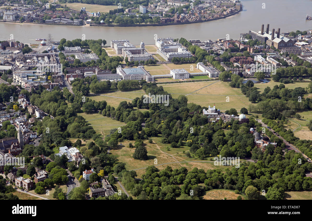 Vista aerea dell'Università di Greenwich, Queens House, Royal Naval College & Istituto marittimo di Greenwich, London, Regno Unito Foto Stock
