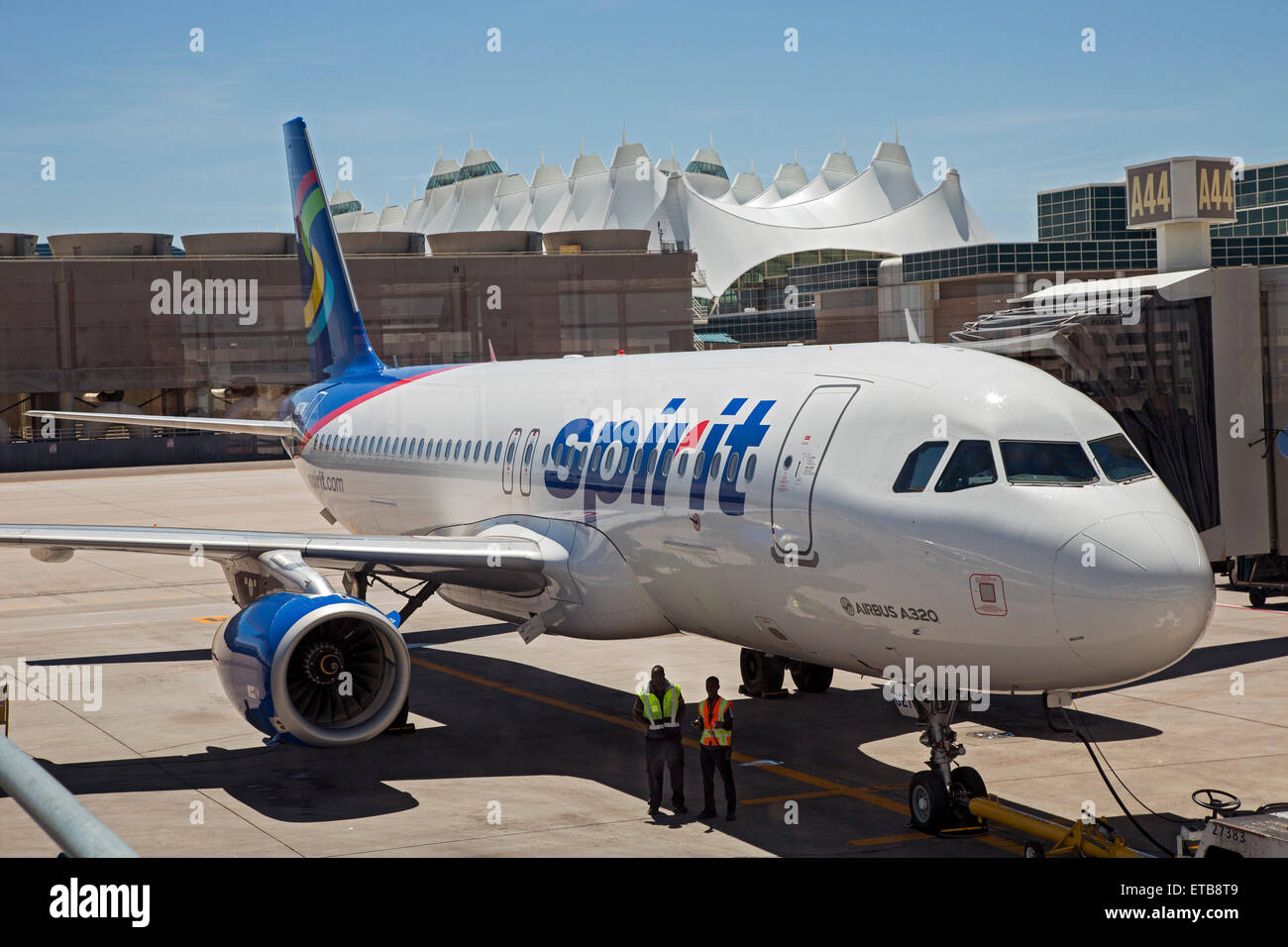 Denver, Colorado - uno spirito le compagnie aeree jet su asfalto presso l'Aeroporto Internazionale di Denver. Foto Stock