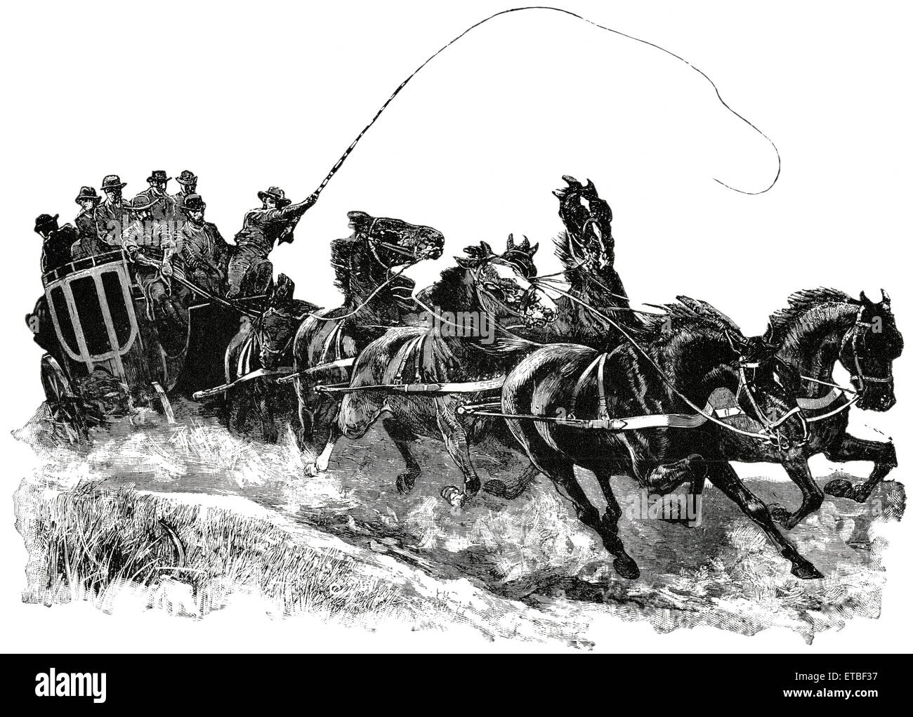 Stage Coach per il Transvaal Gold Fields, Africa, 'Classico portafoglio di vettori primitivi', da Marshall M. Kirman, ferroviarie del mondo Publ. Co., illustrazione, 1895 Foto Stock