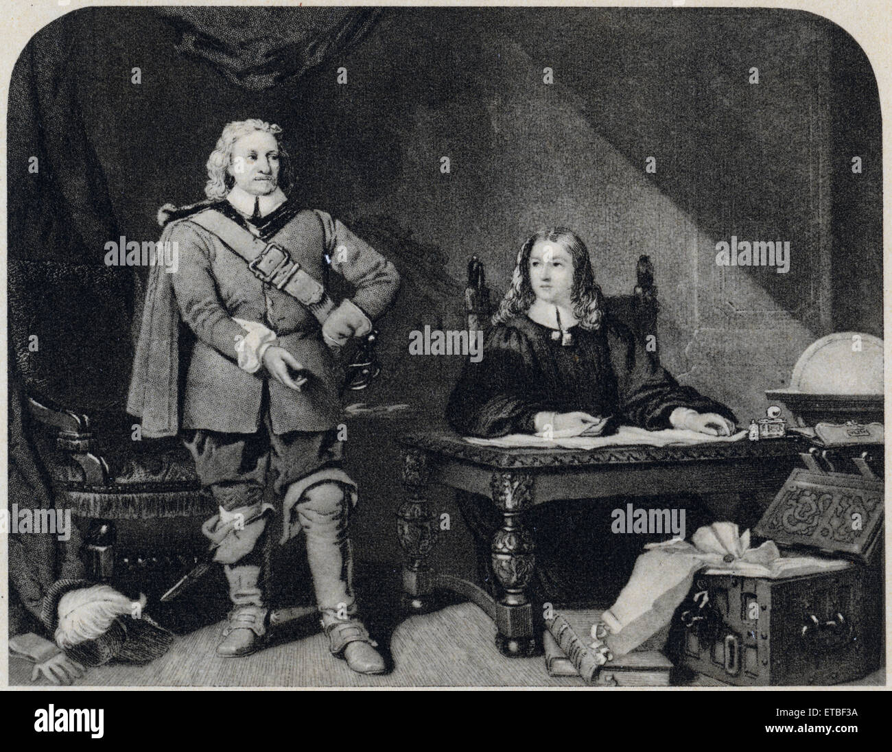 Oliver Cromwell a dettare a John Milton, Lettera al Duca di Savoia per interrompere la persecuzione dei protestanti del Piemonte, 1655, fotoincisione da una incisione da Sartain dopo Newenham, da "Il Diario di John Evelyn', M. Walter Dunne, Publisher 1901 Foto Stock