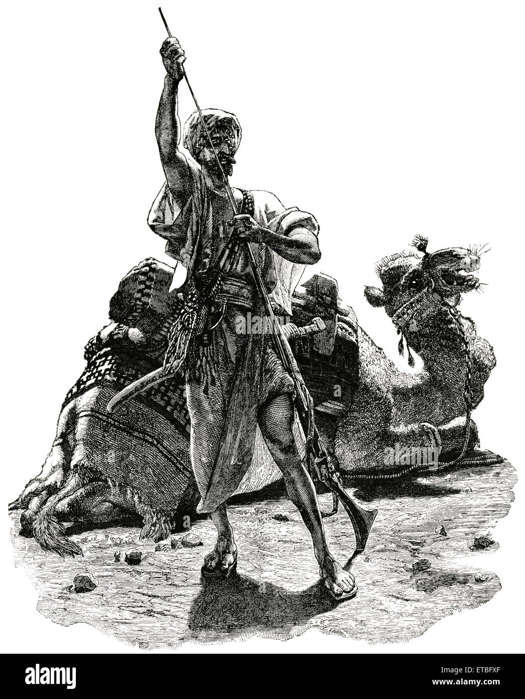 Uomo Arabo nel deserto si prepara a incontrare avvicinando Foe, Arabia, 'Classico portafoglio di vettori primitivi', da Marshall M. Kirman, ferroviarie del mondo Publ. Co., illustrazione, 1895 Foto Stock