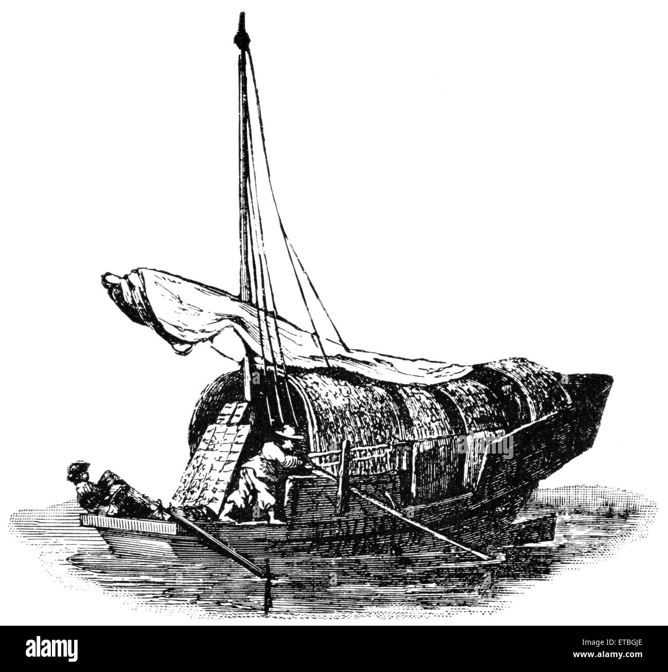 Vaso nativo sul fiume Canton, Cina, "Classico portafoglio di vettori primitivi', da Marshall M. Kirman, ferroviarie del mondo Publ. Co., illustrazione, 1895 Foto Stock