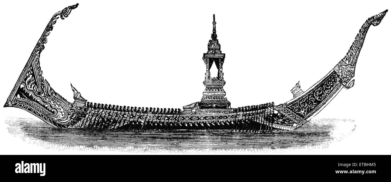 Altamente ornate Barge, con quaranta rematori su ciascun lato, utilizzato dal re del Siam, 1855 'Classico portafoglio di vettori primitivi', da Marshall M. Kirman, ferroviarie del mondo Publ. Co., illustrazione, 1895 Foto Stock