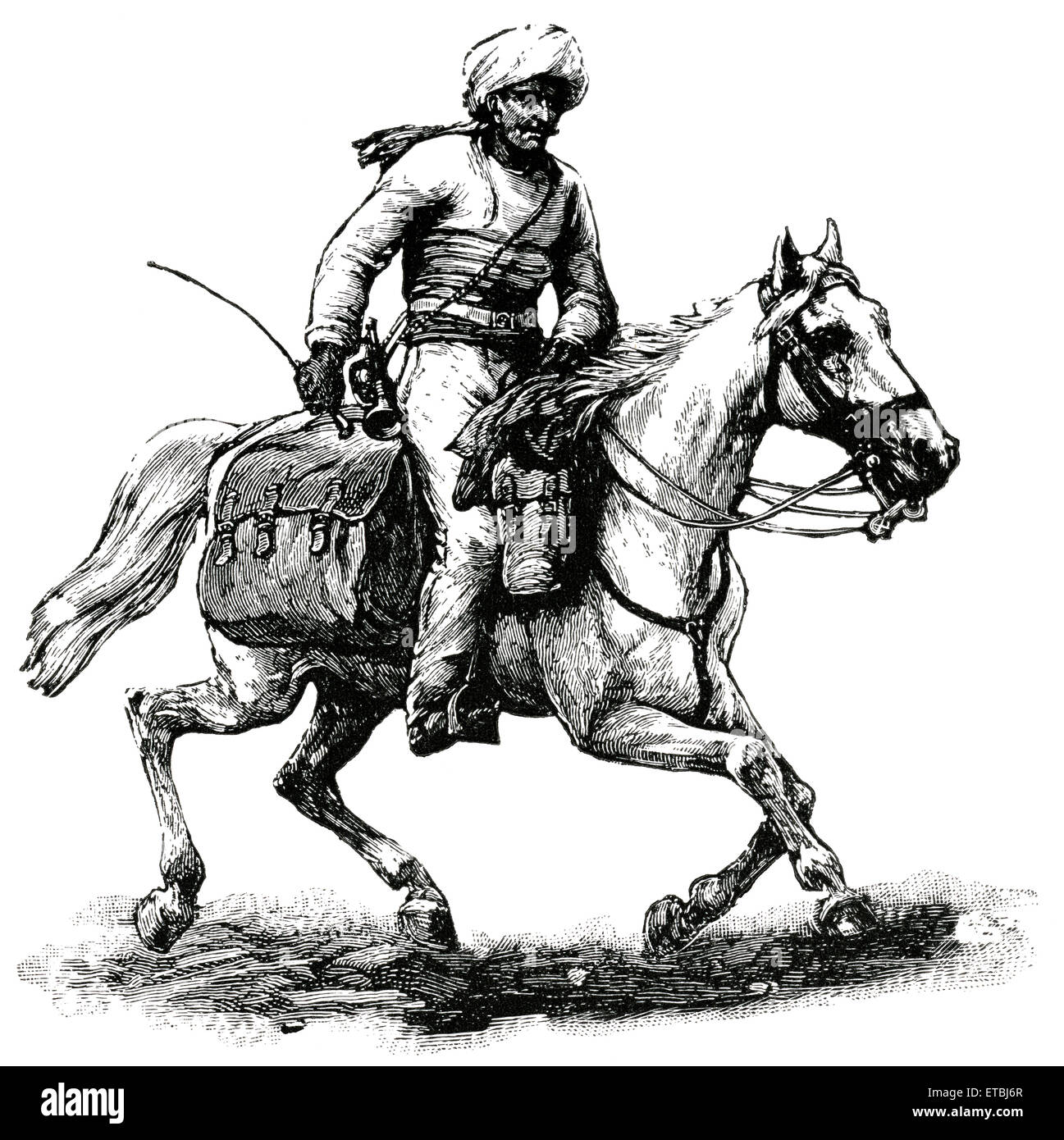 Supporto per posta a cavallo, Afghanistan, 'Classico portafoglio di vettori primitivi', da Marshall M. Kirman, ferroviarie del mondo Publ. Co., illustrazione, 1895 Foto Stock