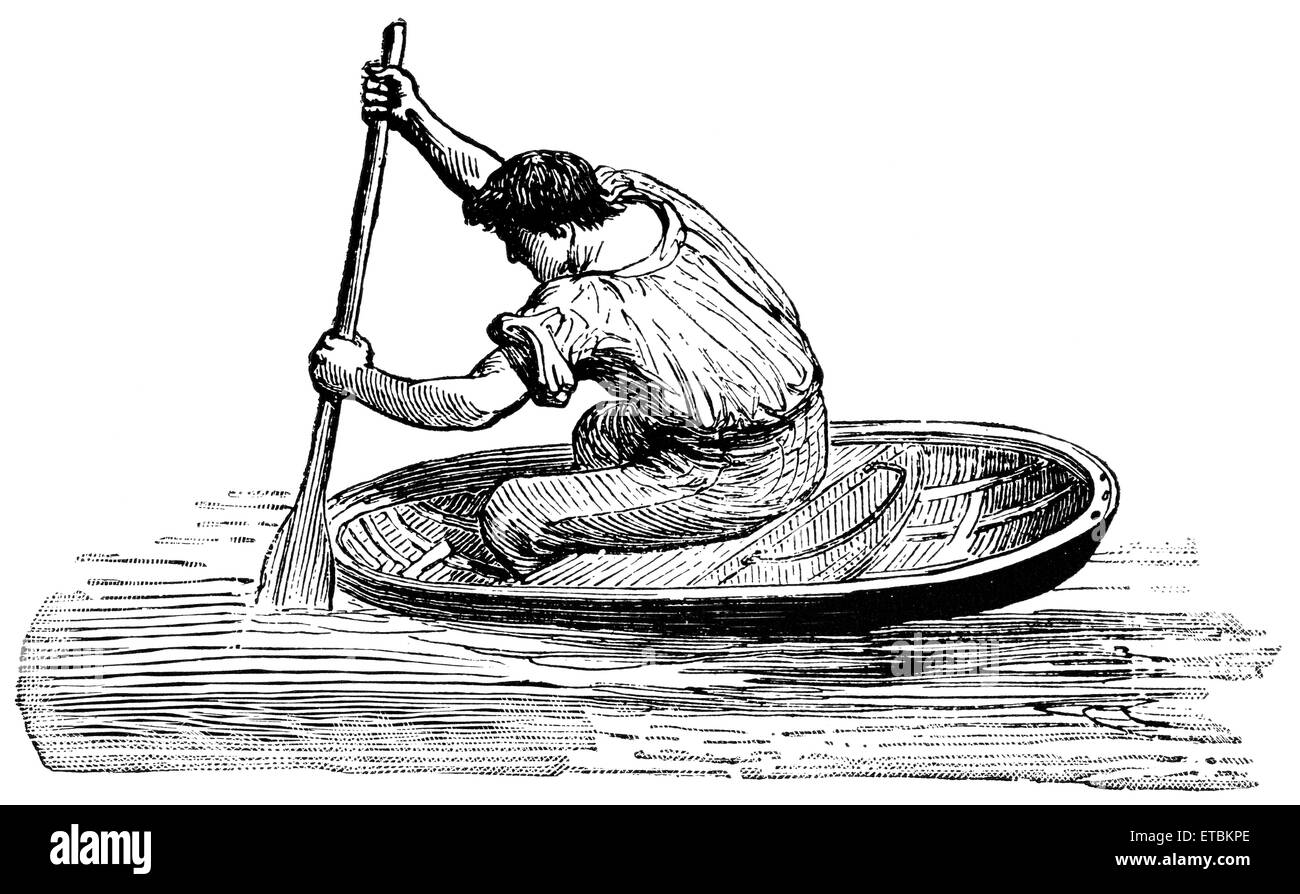 L'uomo Paddling Coracle, Galles, 'Classico portafoglio di vettori primitivi', da Marshall M. Kirman, ferroviarie del mondo Publ. Co., illustrazione, 1895 Foto Stock