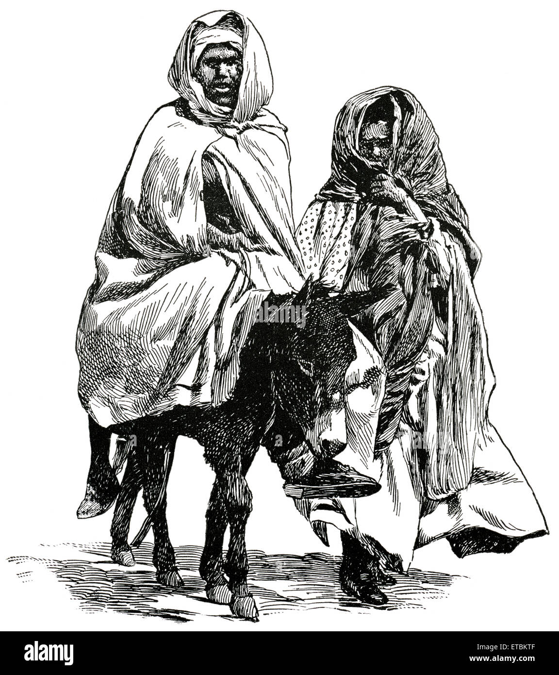 Uomo e donna che viaggia con Donkey, Orano, in Algeria, in Africa, "Classico portafoglio di vettori primitivi', da Marshall M. Kirman, ferroviarie del mondo Publ. Co., illustrazione, 1895 Foto Stock