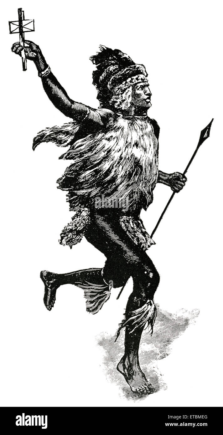 Maschio di vettore lettera usando Split Stick, Africa, 'Classico portafoglio di vettori primitivi', da Marshall M. Kirman, ferroviarie del mondo Publ. Co., illustrazione, 1895 Foto Stock