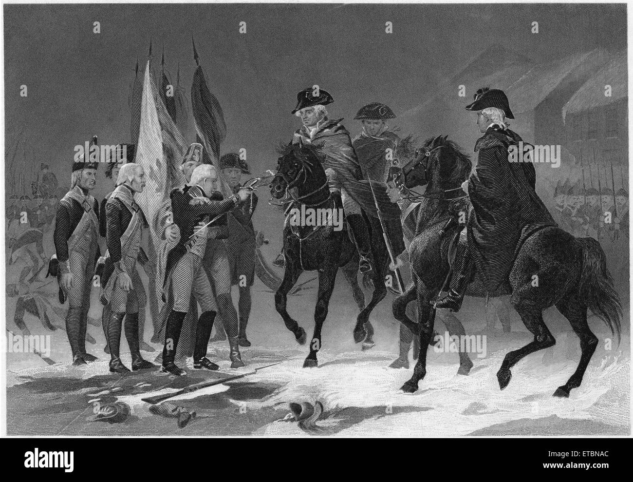 "Arrendersi di Col. Rall nella battaglia di Trenton", dicembre 1776, da un dipinto di Alonzo Chappel, incisione stampata da Henry J. Johnson Editore, NY, 1879 Foto Stock
