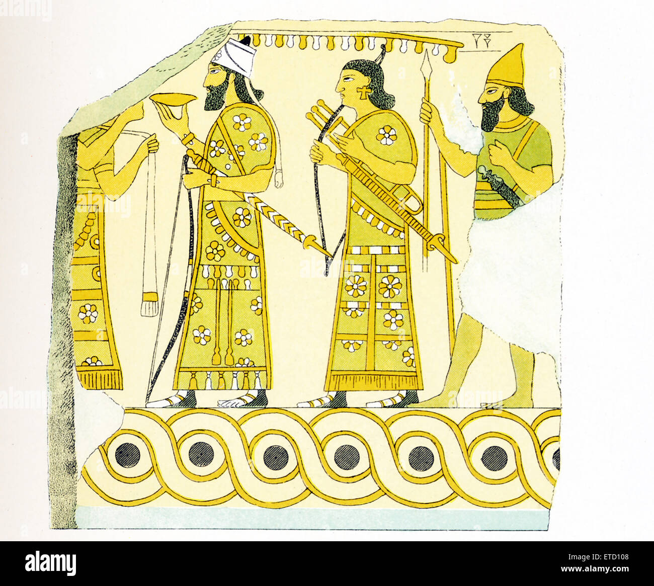 Il righello assira Asurnasirpal III del palazzo a Nimrud (antica Kalhu) è nell attuale Iraq la città era sulle rive del fiume Tigri. Questa illustrazione mostra un frammento di mattoni smaltati trovati a Nimrud. È probabile che la maggior parte dei palazzi Assiri vernice aveva almeno nelle sale di ricevimento. Ashurnasirpal (governata 883-859 a.C.) registrati che aveva rappresentato il suo trionfa in dipinti. Ci sono stati dei murales sulle pareti sopra la pietra scolpita pannelli e i soffitti erano anche verniciato. Mattoni smaltati sono indicati per primi nella seconda metà del secondo millennio A.C. quando la padronanza di Foto Stock